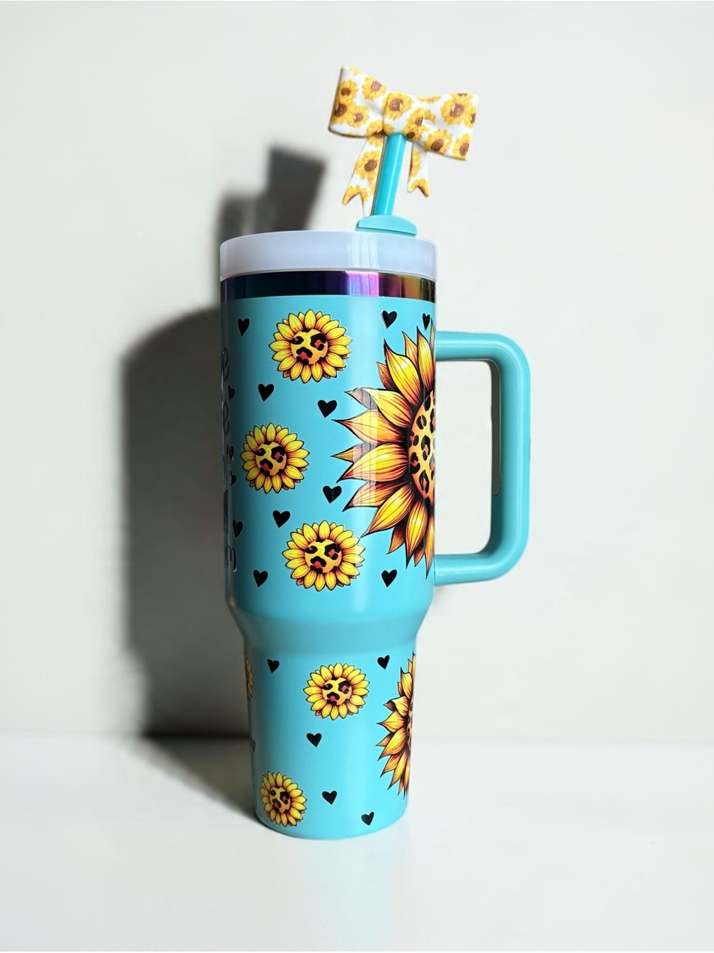 NEW 40 oz Handmade Sunflower Tumbler with Handle, Straw & Bow Topper - Picture 2 of 4